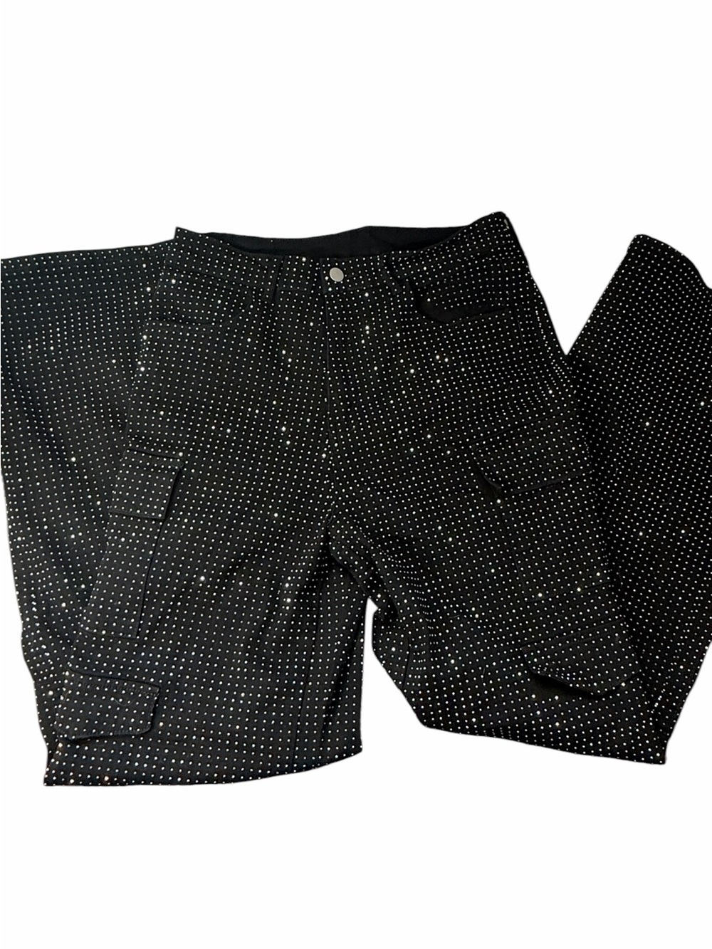 Rhinestone Cargo Pants Black Sparkly Wide Leg Y2K Glam Stretch Size 12